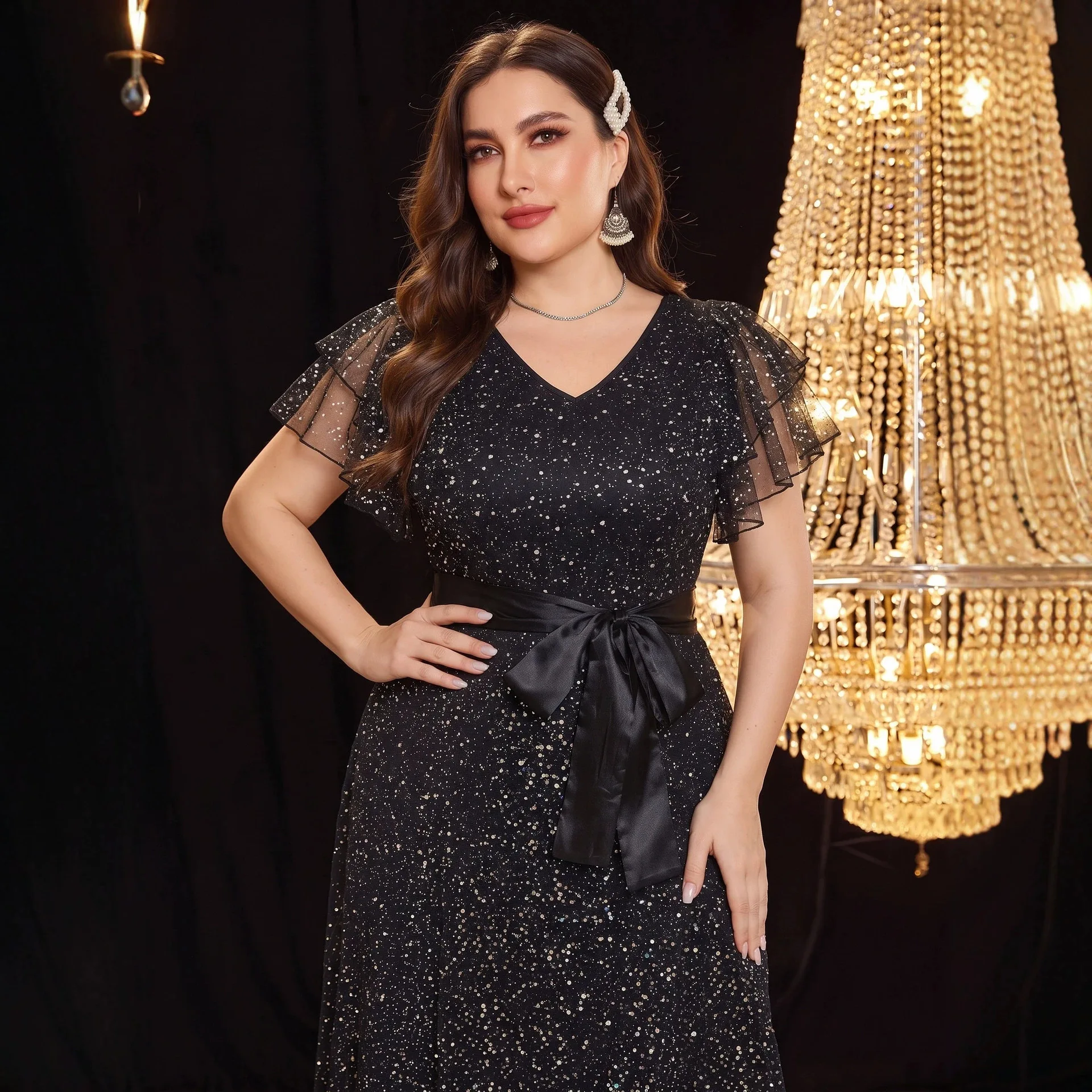 Ad260524 Plus. Size. New Style Clothes Black Gold Embosses Mesh Clothes For Women. Summer Maxi Dress Robe Party Luxury Lace