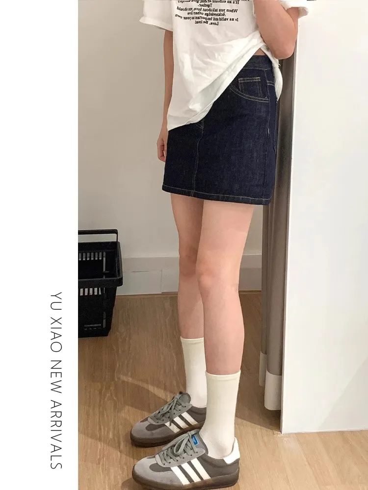 

Женская темно-синяя джинсовая юбка больших размеров, лето 202, утягивающая юбка трапециевидной формы с высокой талией и грушевидным принтом для поездок на работу