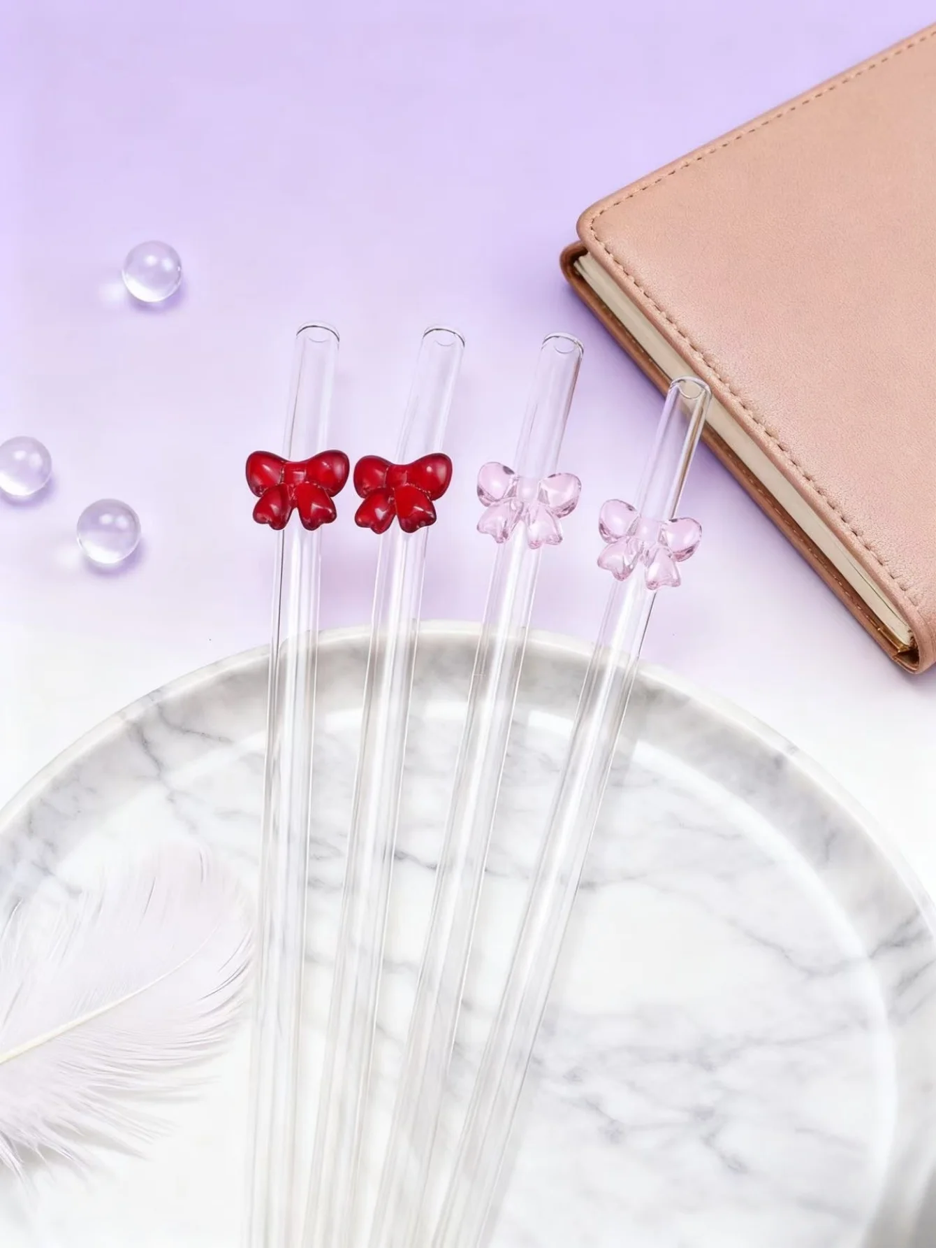 1/2/6PCS Romantic & Bow Glass Straws, Reusable Bent Straw for Valentine's Day, Couples Gift, Tea,Coffee, Anniversary, Birthday