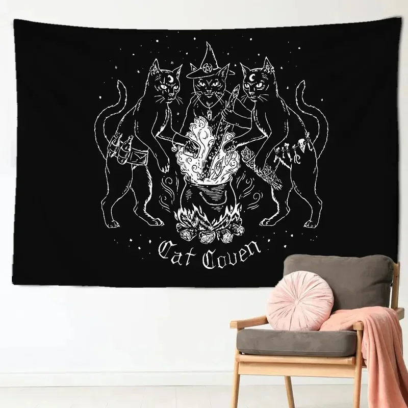VIKAMA Hexenkatzen-Wandteppich, mystische Mond-Stern-Wandkunst, esoterische Wahrsagerei-Kunst, geeignet für Wohnzimmer oder Schlafzimmer