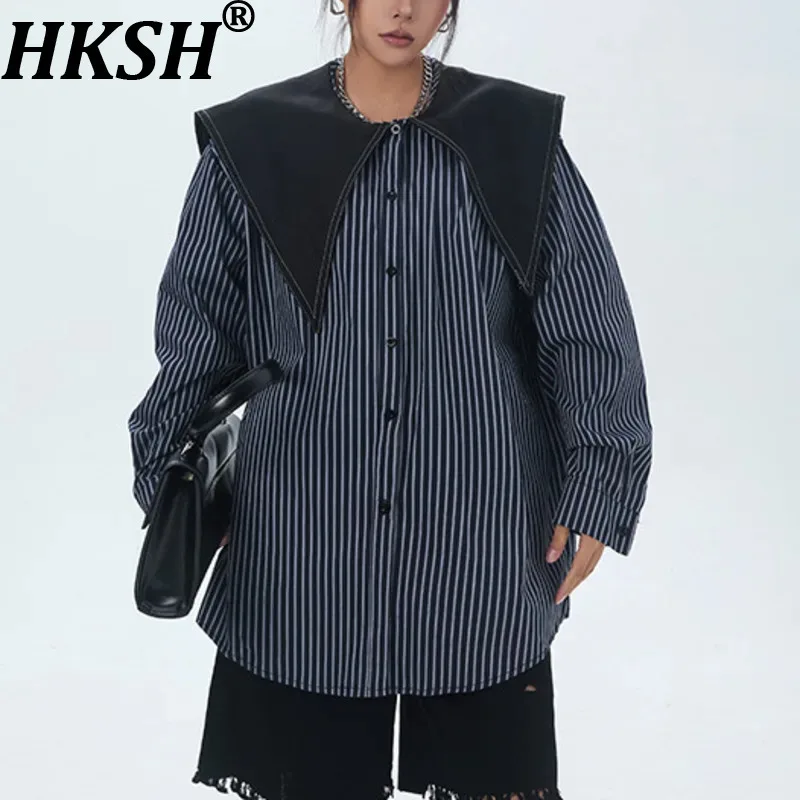 

HKSH весна осень новая женская рубашка с отложным воротником однобортный полосатый контрастный цвет американский ретро уличная одежда топ HK13359
