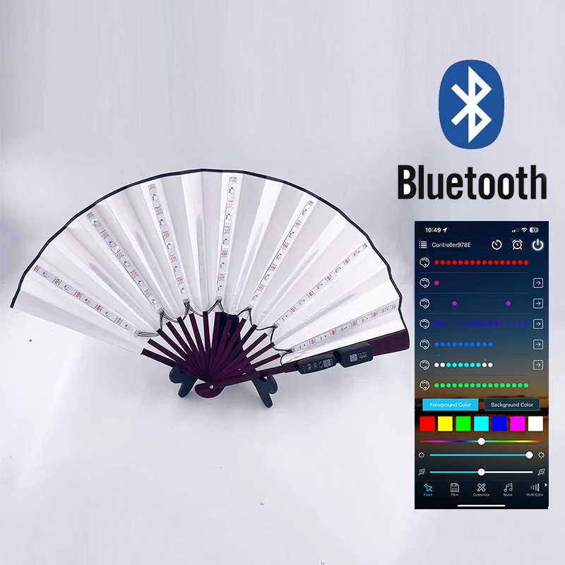 Bluetooth APP Foldable Hand Fan With LED Light USB Charging Glowing Fluorescent Color Changing Fan For Night Performance DJ Club