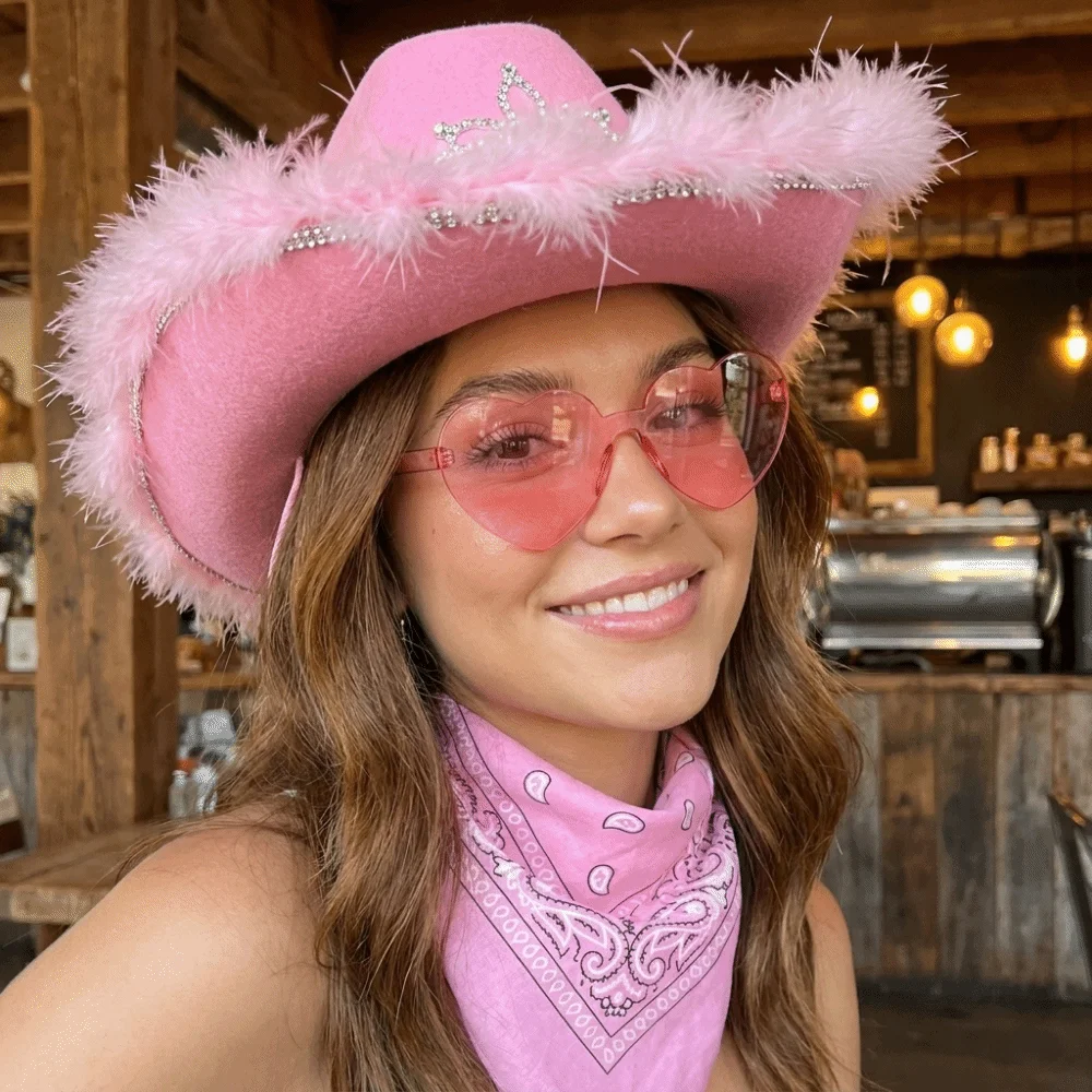 Acrylic Fibers Cowboy Hat Fluffy Trim Pink Bandana Heart-Shaped Glasses Paisley Scarf Fuzzy Edge