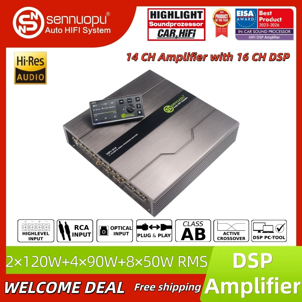 Sennuopu X14 16-Channel DSP Car Audio Processor | 14CH Class AB Automotive Amplifier, Auto Sound Module Power Amp
