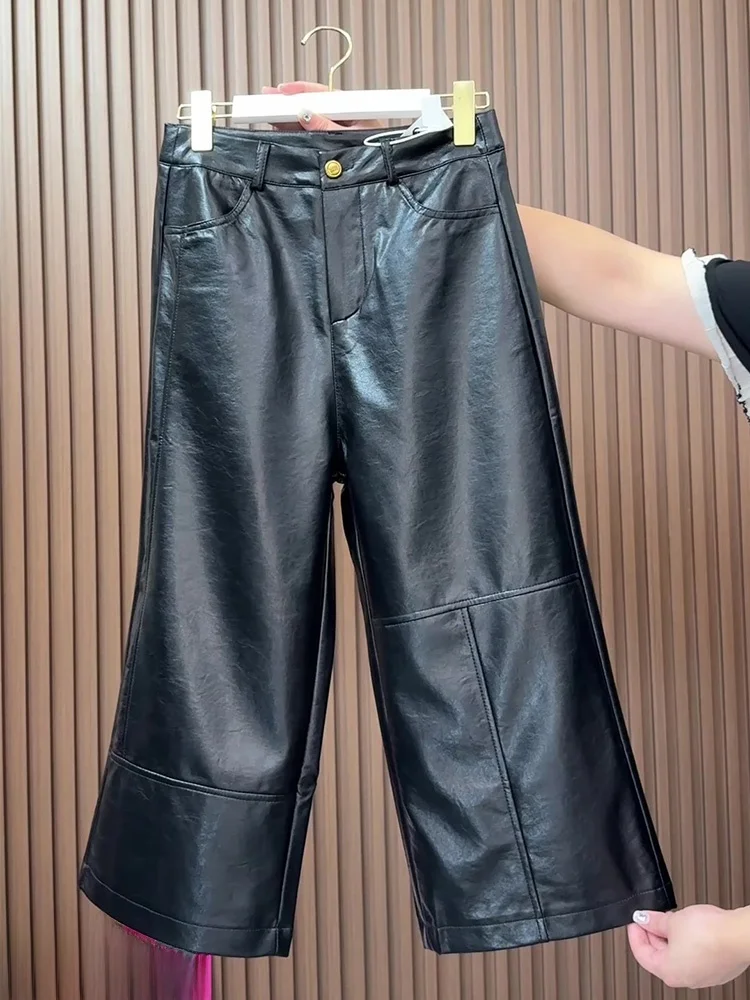 Faionable Pantaloni larghi in pelle a gamba dritta a vita alta Pantaloni casual da donna Autunno New Sle Vita elastica a sette piedi