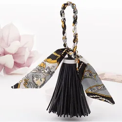 Fashion PU Leather Tassel Women Bag Pendant Key Ring Chain Exquisite Silk Scarves Handbag Accessories Car Keychain Girl Gift