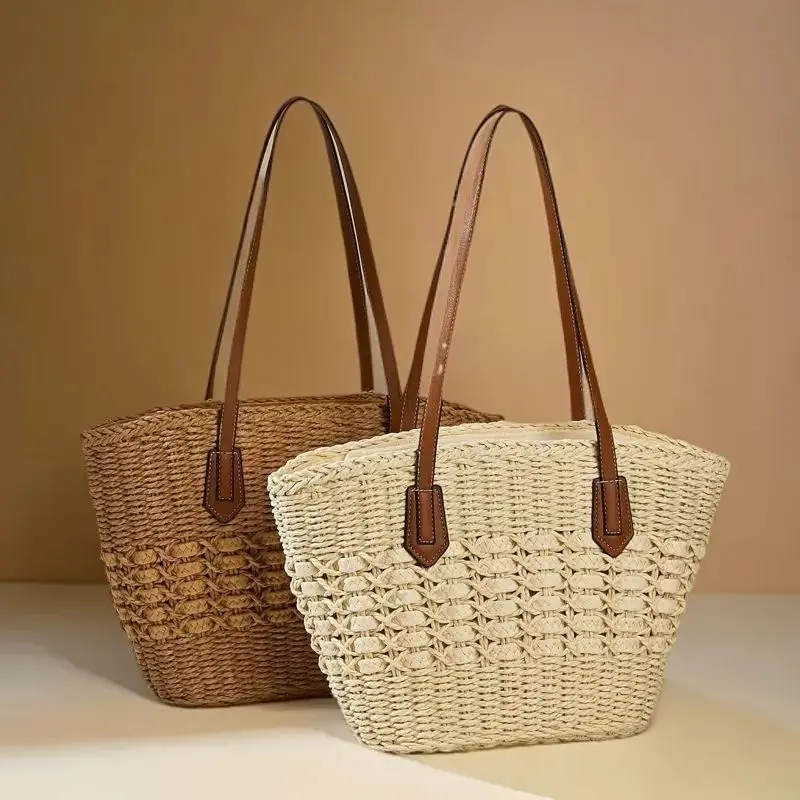 

Летние соломенные сумки для женщин, модные женские сумки на плечо, сумка с верхней ручкой, полая рафия, вязаная крючком пляжная сумка, повседневные сумки-корзины