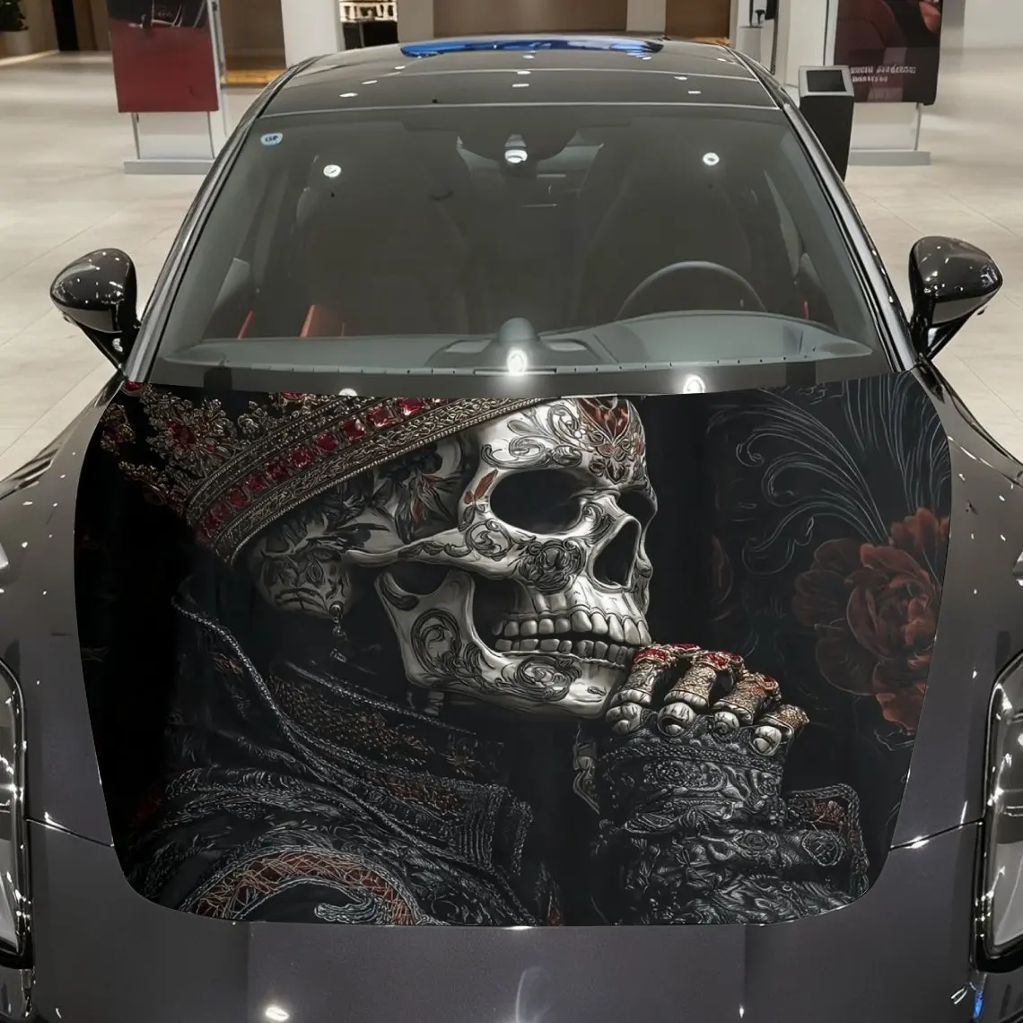 

Headdress Skeleton Car Hood Vinyl Packaging-waterproof, Scratch Resistant, Self-adhesive Sticker, Red And Black Design, Durable
