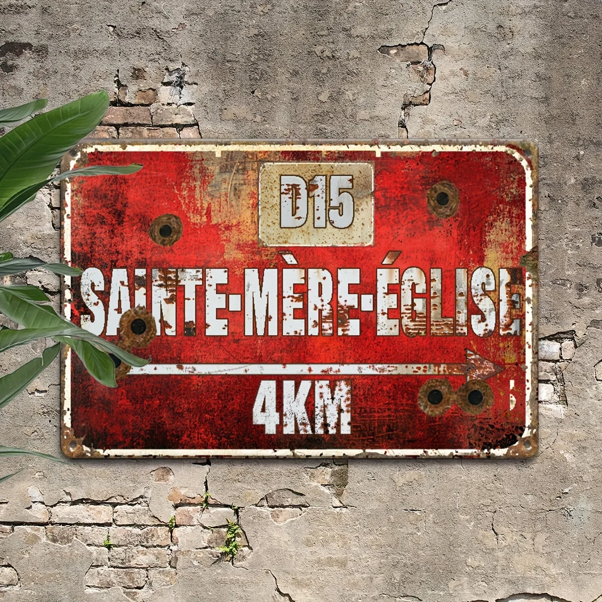 （2D Tin painting）Vintage D-Day Normandy 101st Airborne Metal Sign -  Rustic Red Wall Decor with "Sainte-Mère-Eglise 4KM" Text