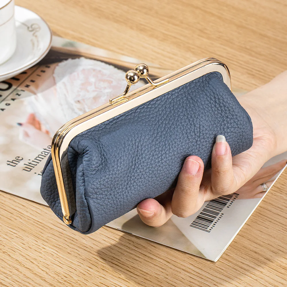 Genuine Leather Kiss-Lock Cosmetic Cases with Mirror - Portable Compact Makeup Organizer for Lipsticks/Small Essentials