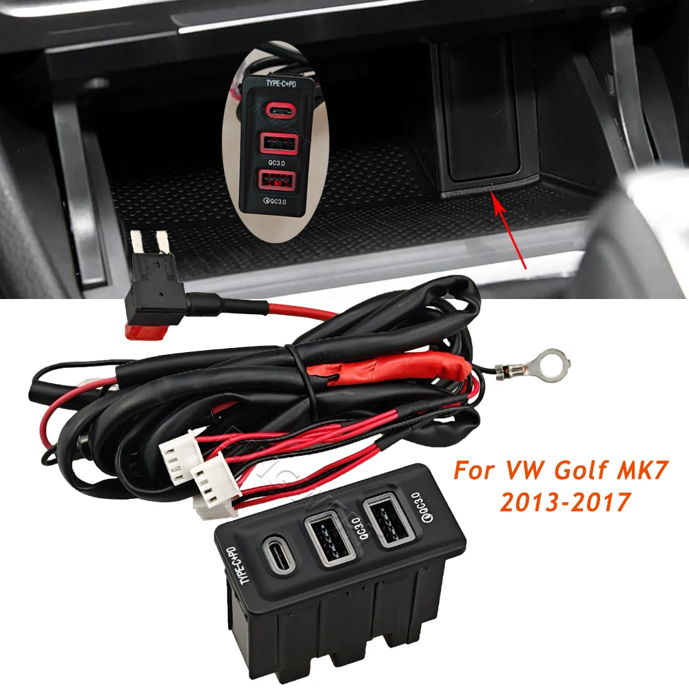 Dual‑Port QC3.0 PD Type‑C Car Charger Socket Switch 12V Phone Fast Charging Power Outlet For Volkswagen Golf MK7 2013-2017