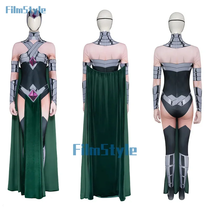 

Green Circe Creatures Cosplay Commandos Costume Sexy Woman Halloween Jumpsuit Cloak Outfit Anime Bodysuit Clothes Custom Made