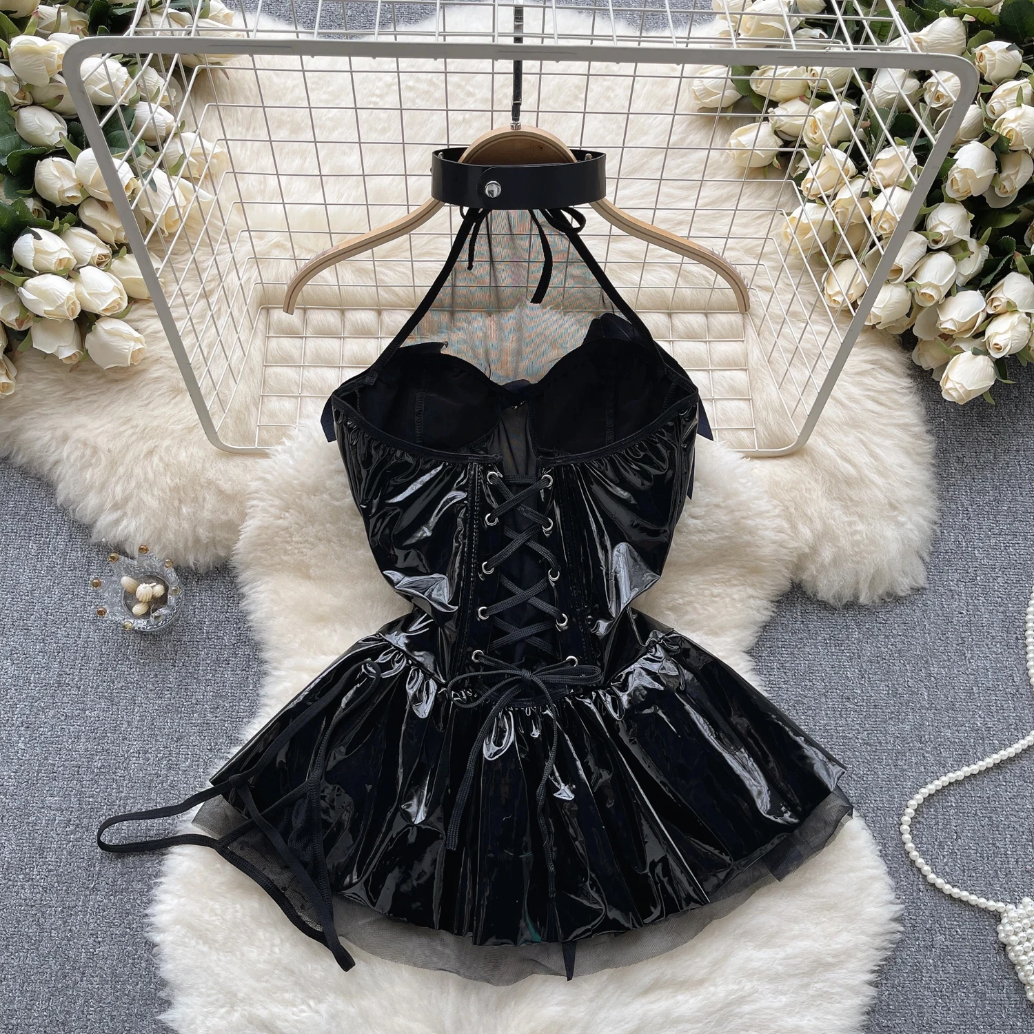 Women Pu Leather Sensual Dress Halter Lace Up A Line Sexy Nightdress+Thongs Sheer Backless Mini Porn Nightwear Dress 2 pieces