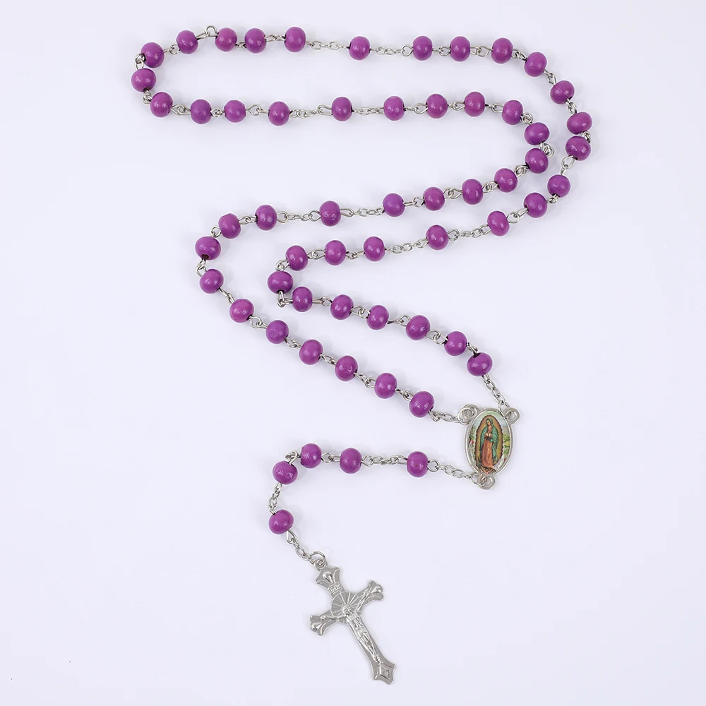 Blaue Rosenkranzkette für Damen und Herren, 6 mm, aus Holz, lange Kette, religiöser Anhänger mit der Jungfrau Maria und einem Kreuz, Herrenschmuck für Partys, Geschenk. – Detail 20