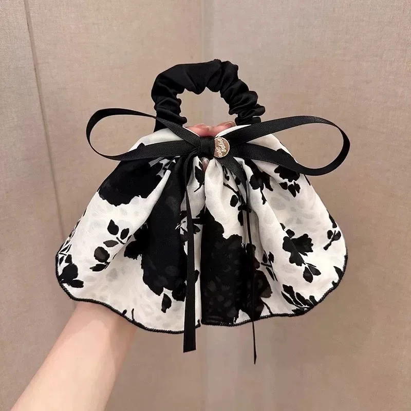 1/2Pcs Elegant Floral Ribbon Bow Hair Tie - Vintage-Inspired Fabric Scrunchie With Floral Pattern, Sweet Style Hair Scrunchies