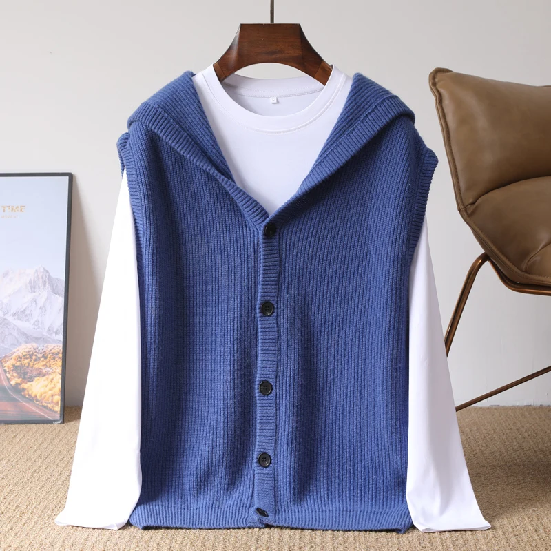 

Осень/зима 2025, мужской жилет из 100% мериносовой шерсти, вязаный кардиган с капюшоном, повседневный свободный однотонный мужской кашемировый свитер без рукавов
