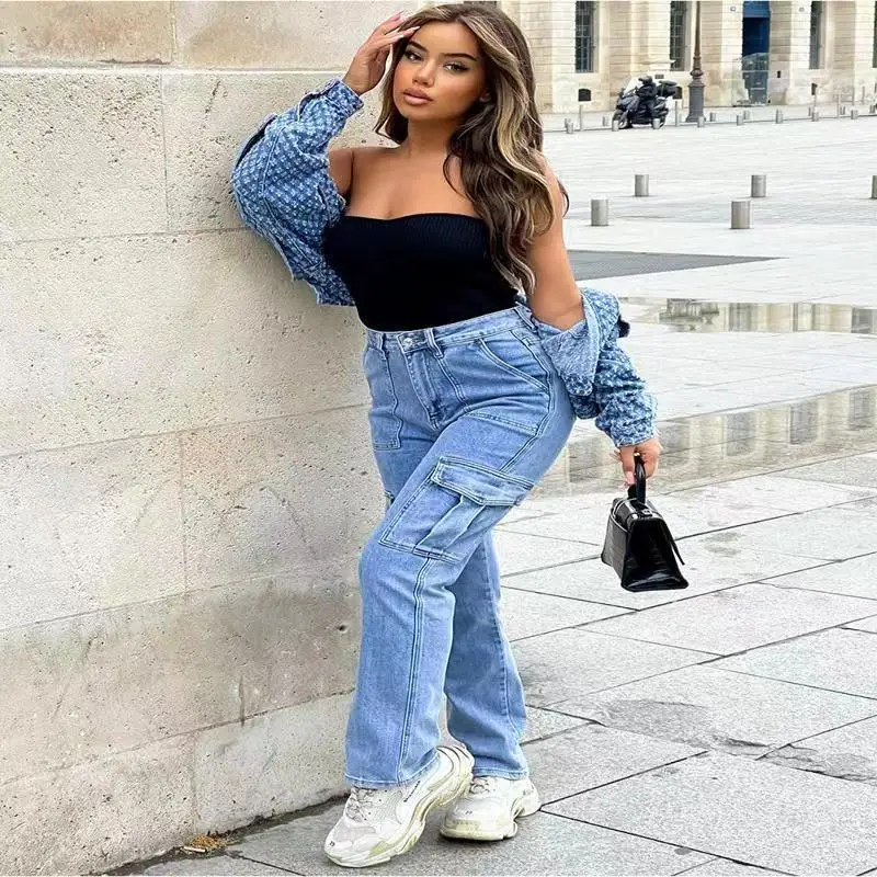 

High Waist Blue Denim Jeans Women's Summer Multi-Pocket Wide Leg Loose Slimming Straight Leg Pants Versatile Retro Style