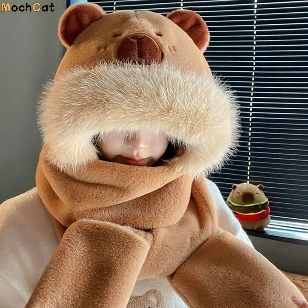 3 In 1 Cute Capybara Hat Scarf Gloves Set Warm Capybara Plush Hooded Scarf Beanie Caps Perfect Winter Gift For Girls