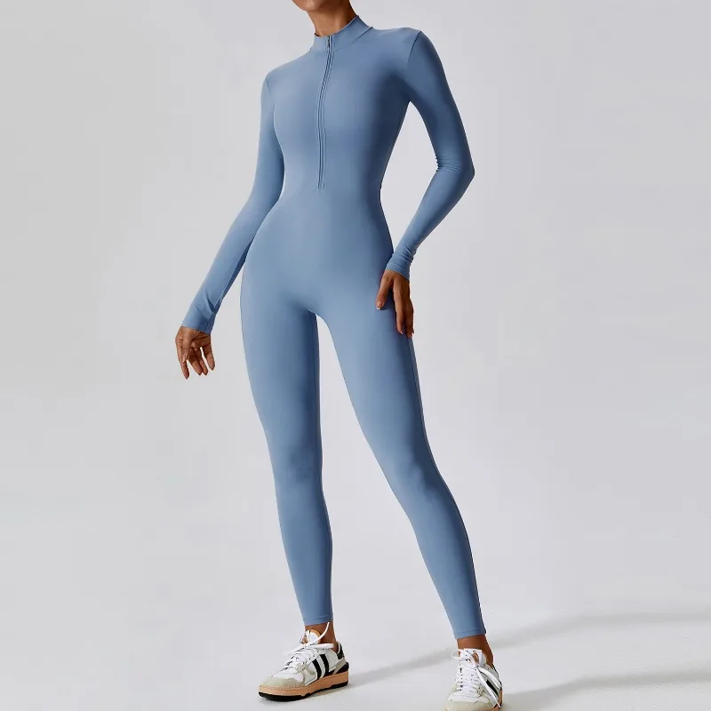 Macacão feminino de zíper de manga comprida, bodysuit fitness de alta intensidade, 2024