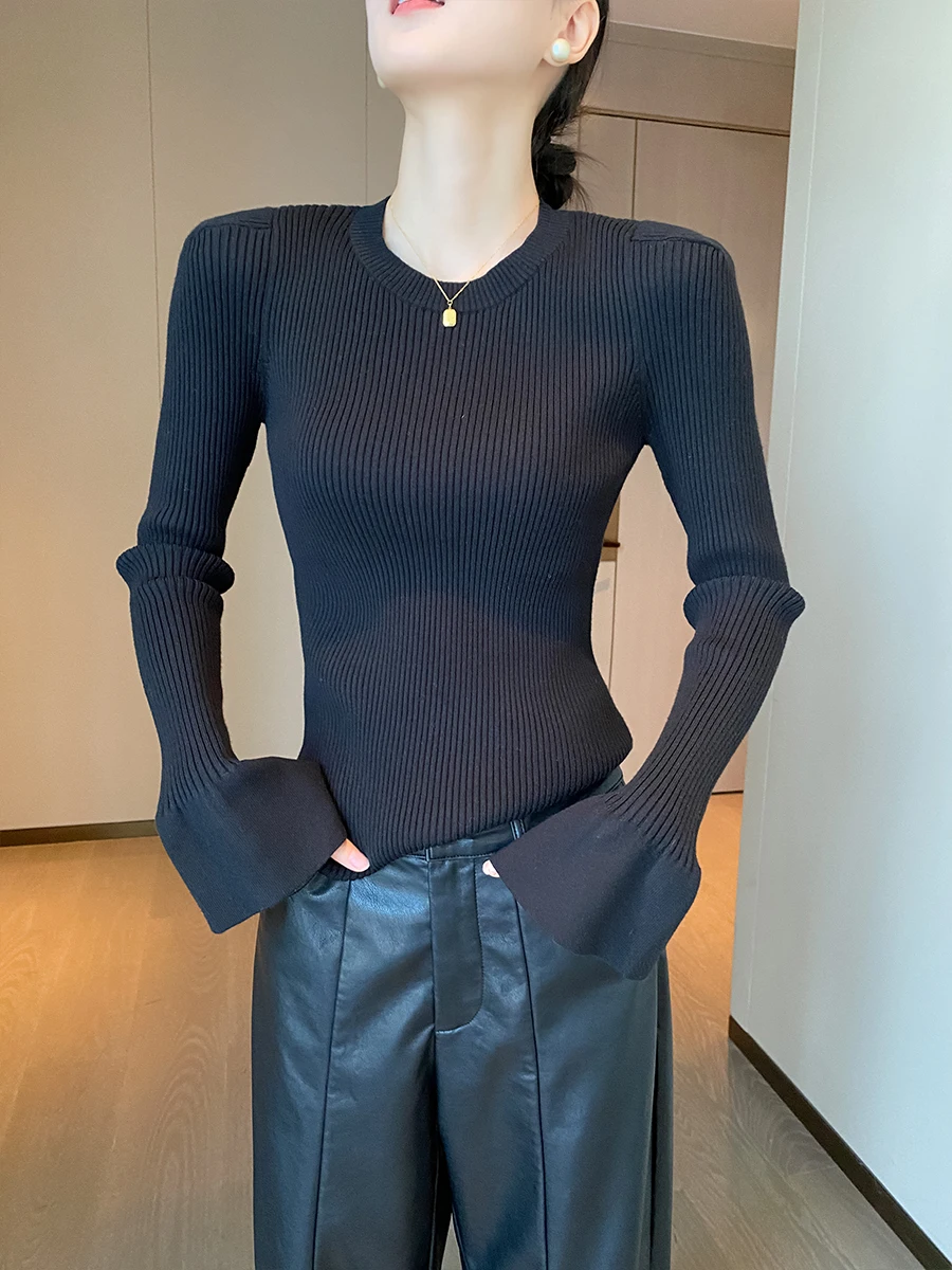 

Bla Long Sve round Ne Knitted Sweater Women's Slim Fit Faionable Overhead Autumn New Sle PIN Ladies' Casual Wear