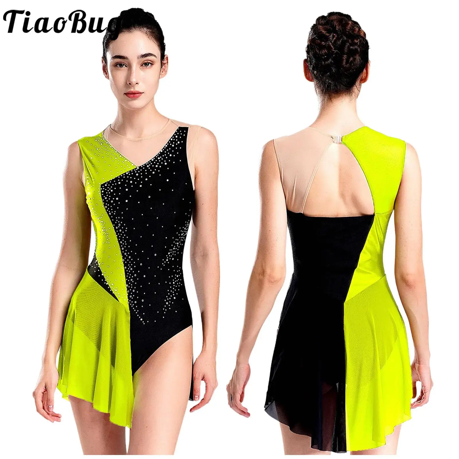 Women Figure Skating Dress Shiny Rhinestone Ballet Lyrical Dance Costume Sheer Mesh Sleeveless Rhythmic Gymnastics Leotard