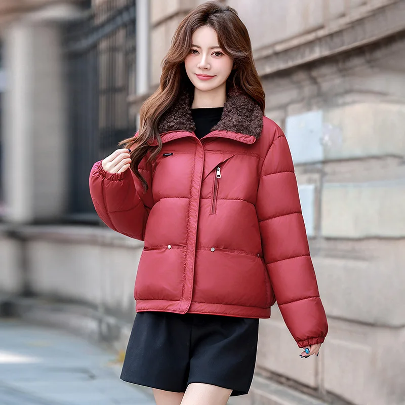 Women Short Winter Puffer Coat Casual Parkas New Lamb Wool Lapel Warm Cotton-padded Jacket Female Down Cotton Coat Outerwear
