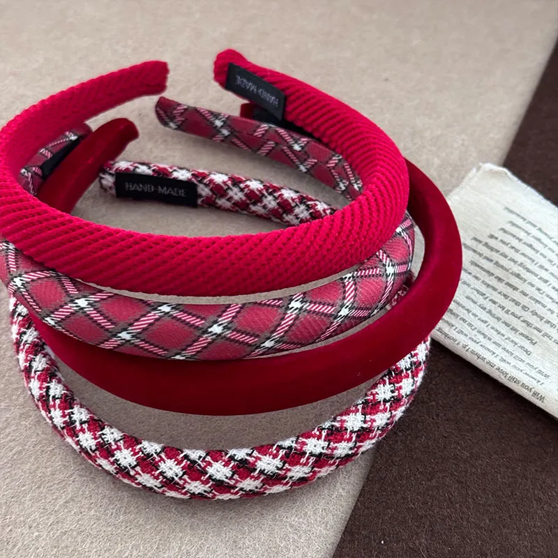 Christmas Atmosphere Red Green Plaid Woolen Girly Style Headband Dark Red Chenille New Year Headband Hairpin