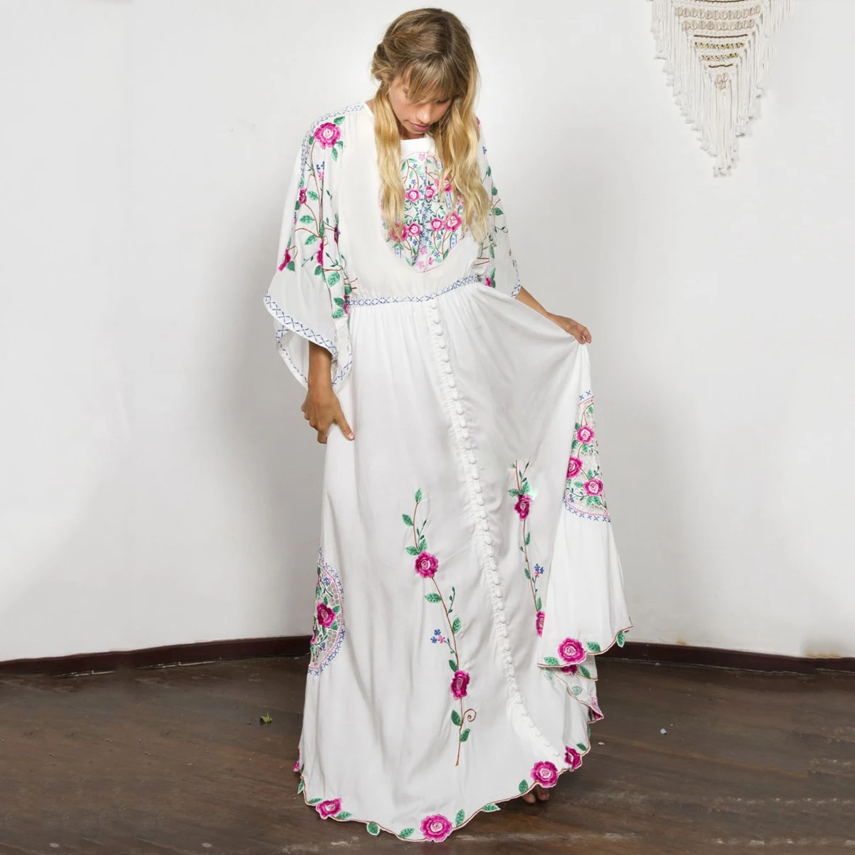 Jastie Boho Embroidered Dress O-Neck Batwing Sleeve Loose Women Dresses Casual Beach Maxi Dress 2025 Summer Dresses Vestido