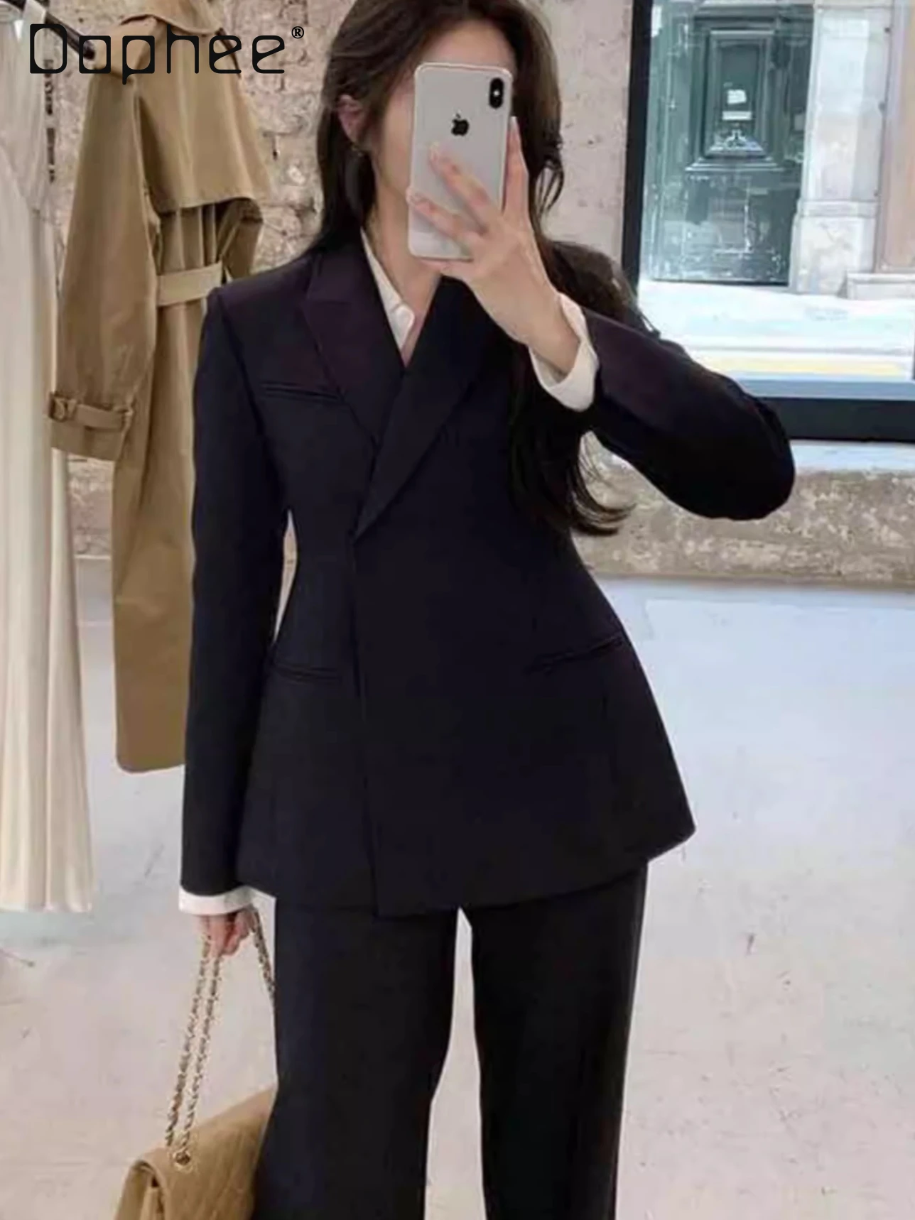 

High-End Suit Set Women 2026 Spring New Elegant Slim Professional Suit Cross Collar Jacket Straight-Leg Pants Two-Piece Set