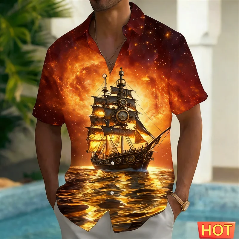 

Мужская гавайская рубашка с 3D-принтом парусника, повседневная пляжная рубашка с коротким рукавом на пуговицах, летняя рубашка для мужчин и женщин, топ в стиле Y2K