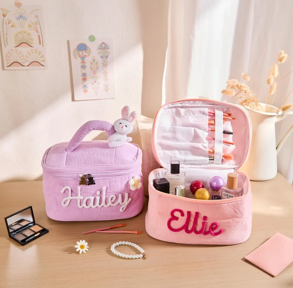 Personalized Makeup Organizer for Teens - Custom Embroidered Cotton Cosmetic Bag with Bunny, Milestone Reward & Achievement Gift