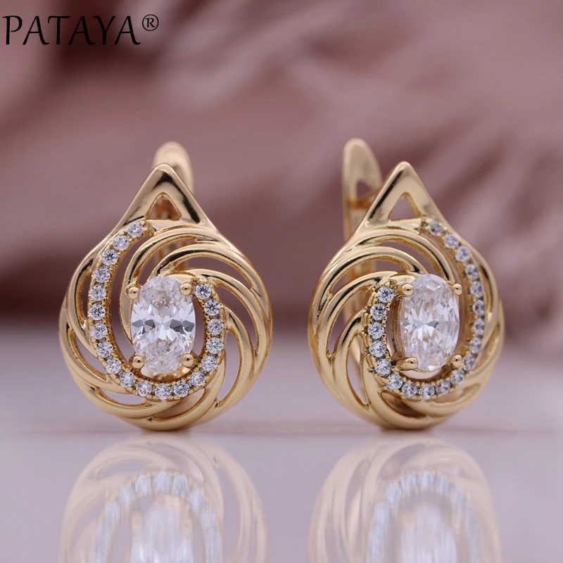 

PATAYA New Daily Natural Zircon Drop Earrings 585 Rose Gold Color Romantic Women Fashion Jewelry Creative Round Hollow Earrings
