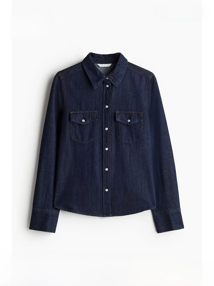 

Женская повседневная джинсовая рубашка H&M, весенняя модная тенденция, ретро-стиль, с длинным рукавом, отложным воротником, из хлопка, стандартной длины.