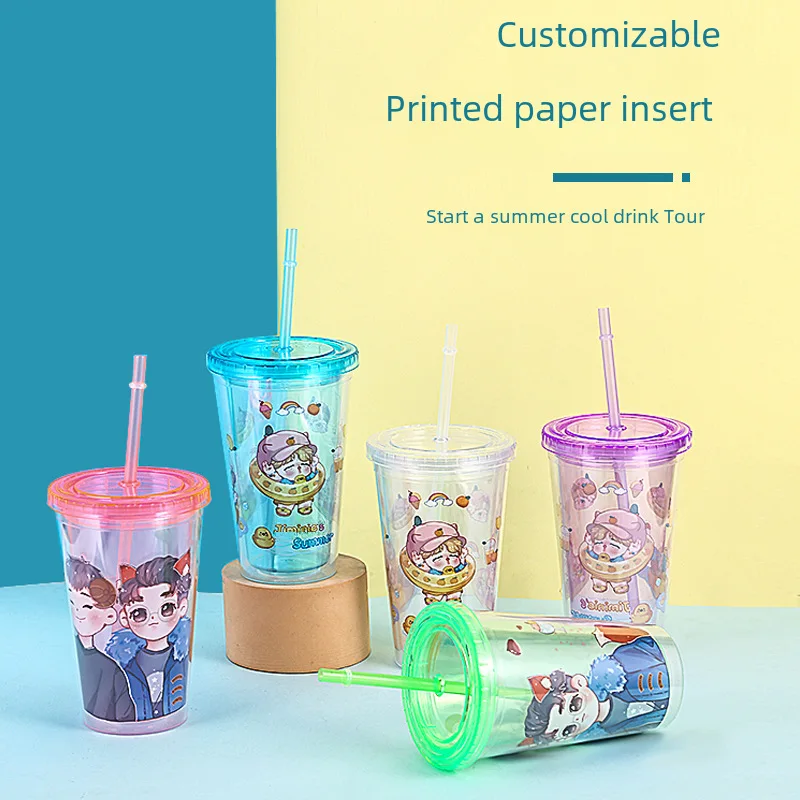 Summer Drink Straw Cup Transparent Heat Insulated Coffee Cup with Lid Double Layer Plastic Cup Korean Cup Printed LOGO Water Mug