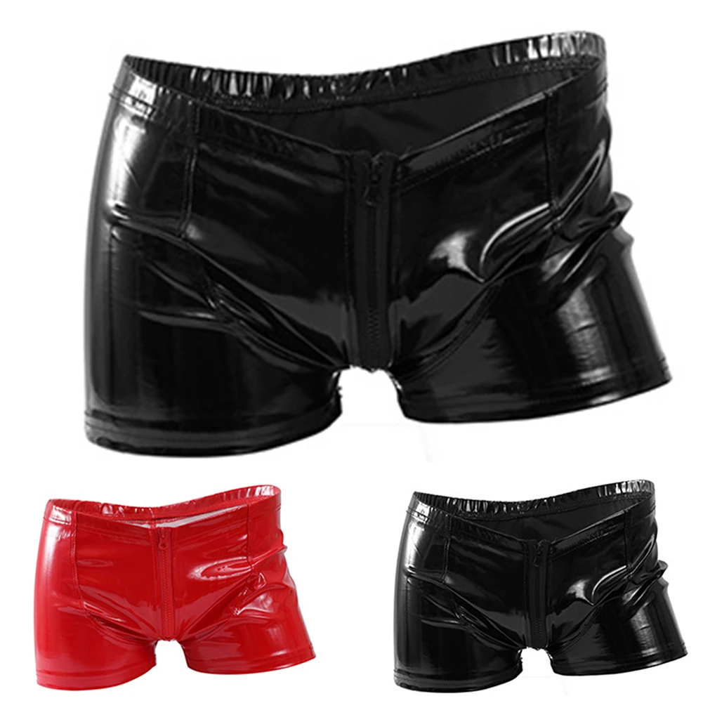 Sexy Mens Shiny PU Leather Zipper Shorts Underpants Hot Men\'s Bright Leather Underwear Bulge Gay Homme Panties