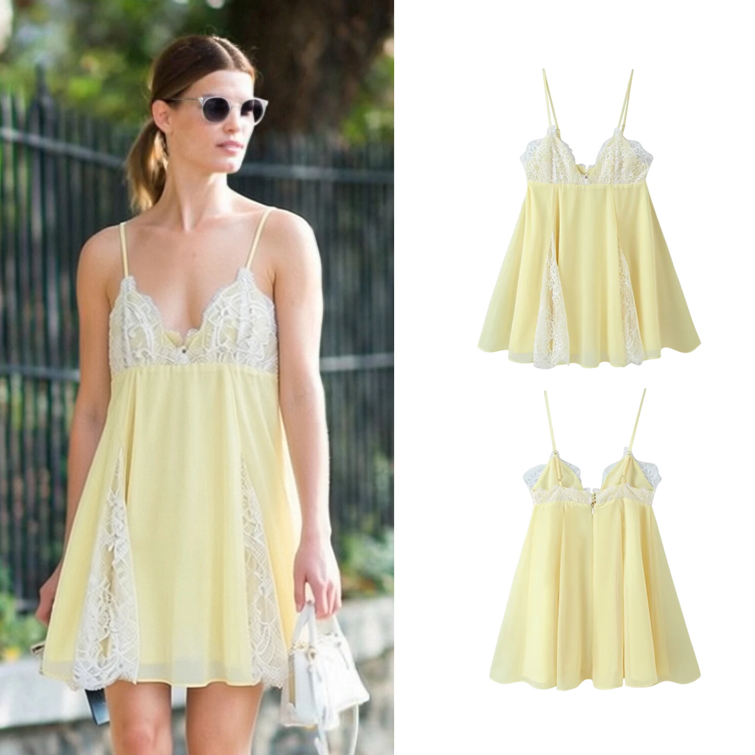 Vestido Sexy de Verano para Mujer, Nuevo Vestido Corto Amarillo Chic con Espalda Descubierta y Encaje, Vestido de Fiesta, Vestido de Playa con Cuello en V para Mujer