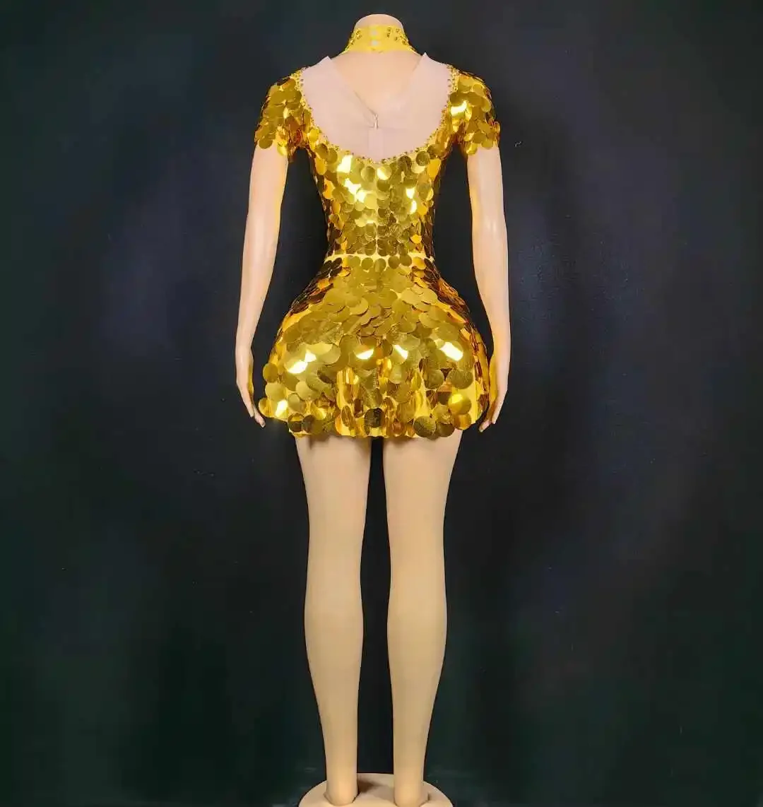 Gold Sequins ผู้หญิง Shinning ชุดแขนสั้น Carnival Bling Dancer เชียร์ลีดเดอร์ลาสเวกัส Showgirl ชุดลาก Queen
