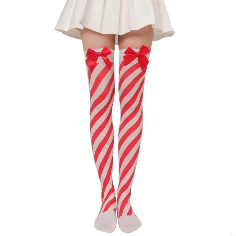 Christmas Plush Top Cuffs Thigh High Socks Cosplay Party Multicolored Striped Print Over Knee Long Stockings for Womens 