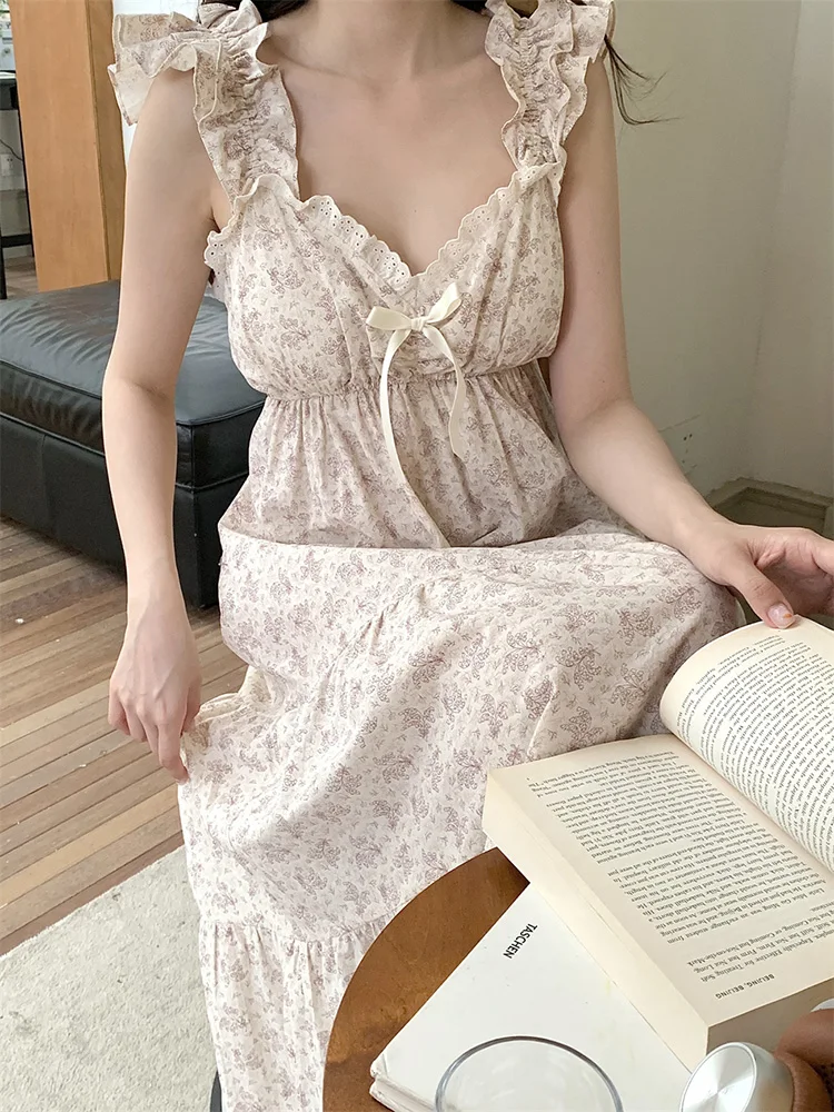 Print Soft Floral Cotton Sleeveless Sweet Court style French NightDress Women Princess Loose V-Neck Sxey Suspenders Sleepwear
