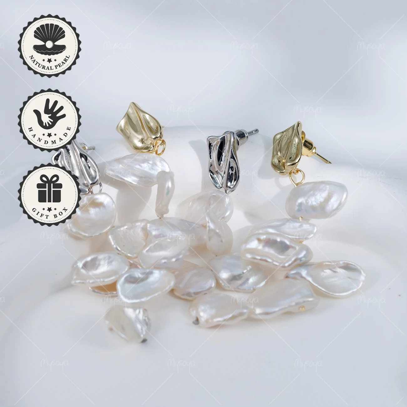 

MYSOYA 7-9mm Aurora Petal Baroque Freshwater Pearl Stud Earrings in Golden or Silvery Irregular Design Birthday Valentine’s Day