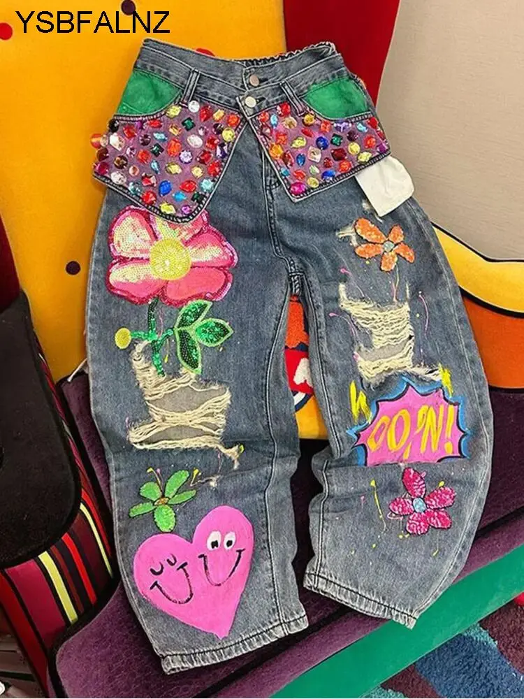 Pantalones vaqueros con bordado Floral para mujer, pantalón vaquero con agujeros y cuentas, cintura alta, holgado, con diamantes de imitación, para