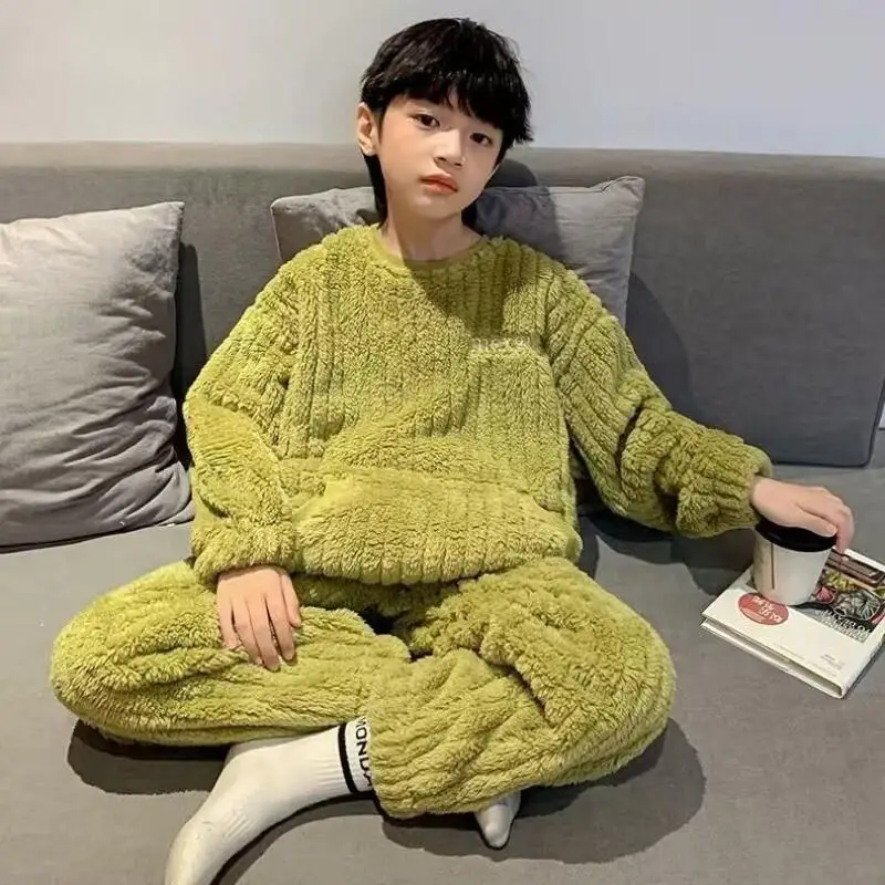 

Пижамы из кораллового флиса для мальчиков, комплект из двух предметов, осень-зима, утепленные пуловеры, брюки, домашняя одежда, кавайная мода, новый стиль, повседневная одежда