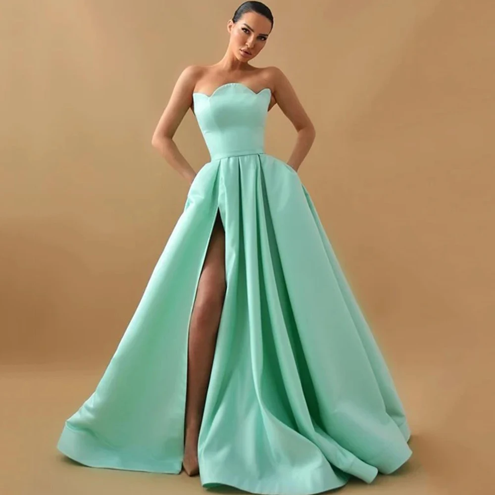 

Flechazo Mint Green Satin A-Line Evening Dress Side Slit Strapless Sleeveless Sexy Open Back Lace Up Women Prom Gowns Robe