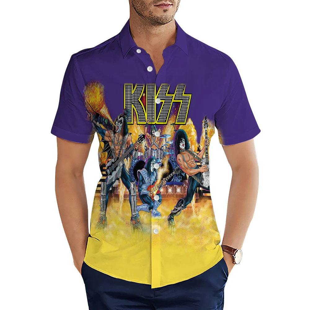 

HX Fashion Men's Shirts Kiss Band 3D Graphic Short Sleeve Shirts Hip Hop Casual Shirt for Men Clothing S-5XL