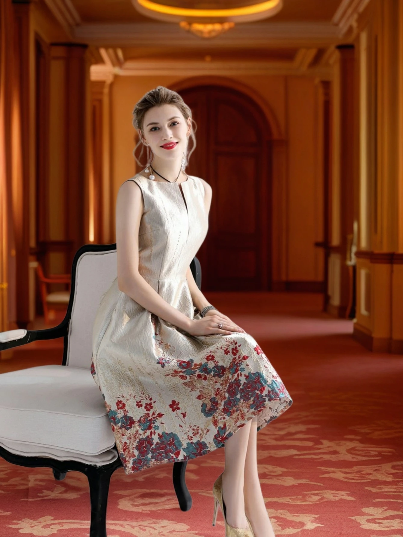 Luxury Women Fashion High Quality Jacquard A Line Ball Gowns Sleeveless Summer Casual Clothing Midi Femme Party Dressses