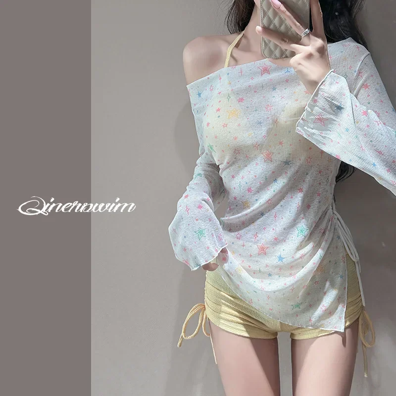 Women's 3-Piece Split Swimsuit Set: Long-Sleeved Sunscreen Design with Fresh Star Print for Sweet & Pure Beach Style