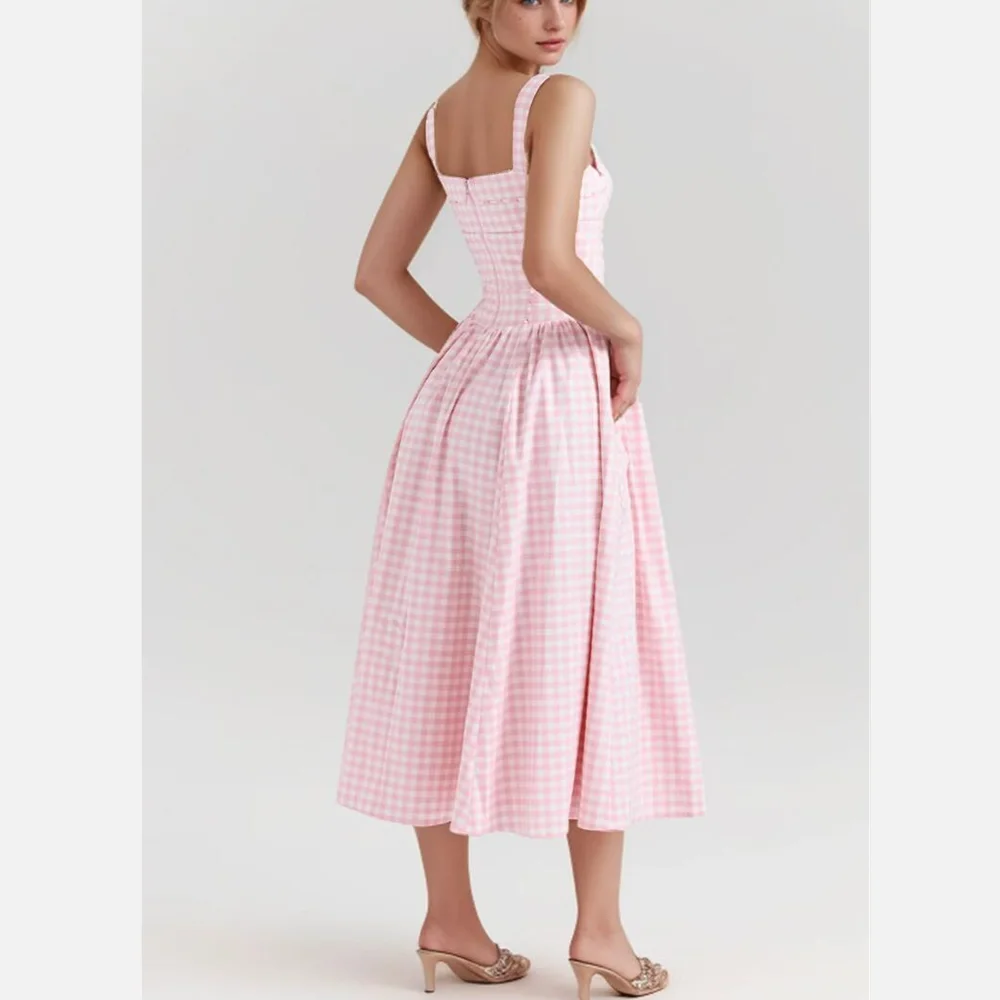 2024 Sweet Pink White Plaid Slash Collar Tank Dress Women Cross Ribbon Eyelet Hole Slim Low Waist Folds A-line Swing Midi Robe