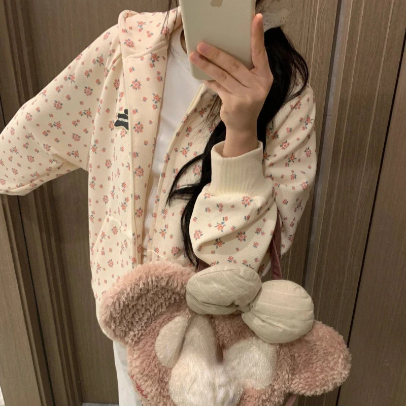 HOUZHOU Korean Fashion Sweet Hoodie for Women Flowers Print Oversize Zip-up Hooded Sweatshirts College Coquette Aesthetic Tops