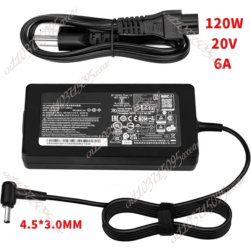 Adaptador de corriente para ordenador portátil de 120W, 20V, 6A, CA, para MSI gf63 gv15 GV15-Thin-11SC GF63 Thin 10 11 12Th para Intel Core ms-16r5 ms-16r6 ms-16r7