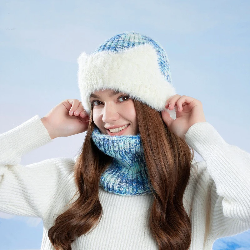 

Winter warm hat scarf set style fashionable pullover knitted hat for ladies outdoor cold protection ear protection woolen hat
